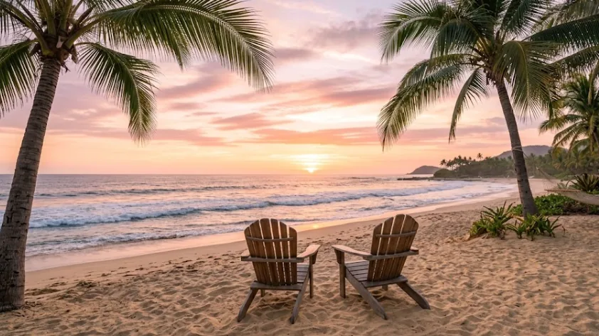 Retire in Mexico Riviera Nayarit - Two Adirondack chairs facing the Pacific Ocean at sunset